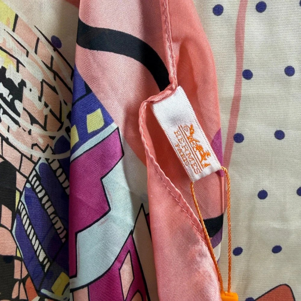 Hermes Paris Silk Scarf Bon Voyage Travel Landmark Print Pink Polka Dot France